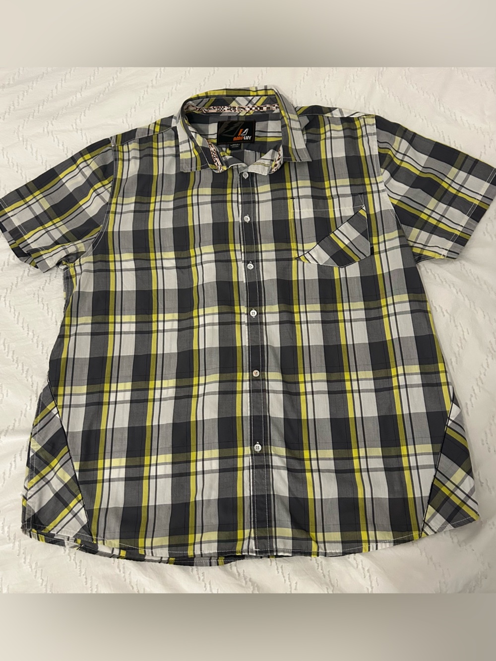 Amplify Men’s Button-Down Short Sleeve Shirt Yellow/Gray Plaid XXL Casual